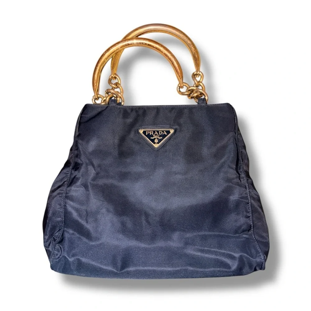Authentic Prada Black Nylon Tote with Gold-Tone Handles - Picture 2 of 8